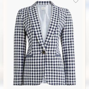 J. Crew Factory Linen Blend Navy and White Gingham Single-Button Blazer